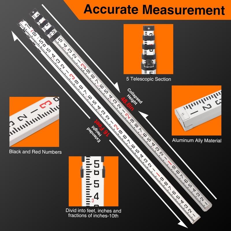 Mountlaser Aluminum Grade Rod 16Foot-10th, 5 Sections Dual Sided Telescoping