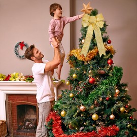 Golden Christmas Bows Outdoor Decorations Large Glitter Christmas Tree Topper Bow with Glitter Gold Edge for Xmas Home Front Door Decor Indoor Outdoor Decoration Supplies7.09”x16.14” (Golden)