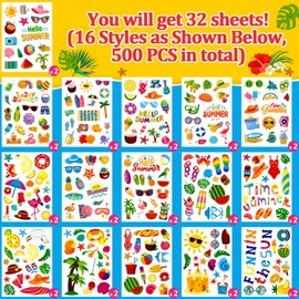 Partywind 32 Sheets (500 PCS) Hawaiian Stickers for Party Decorations, Cute Hawaiian Stickers for Water Bottle/Scrapbook/Laptop Decor, Waterproof Summer Stickers for Beach Pool Party Supplies