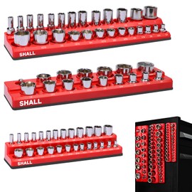 SHALL Magnetic Socket Organizer Set, 3-Piece SAE Socket Holders Include 1/4", 3/8", 1/2" Drive Socket Trays, Holds 68 Pieces Standard and Deep Size Sockets for Toolbox (Socket Not Included)