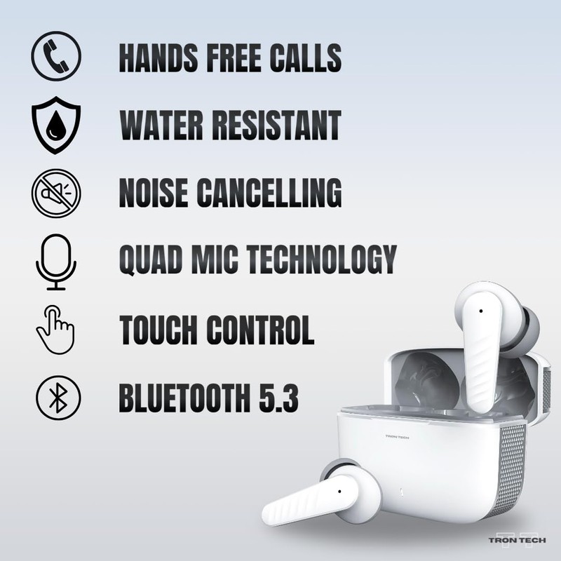 TRON TECH T8 Bluetooth Earbuds, Smart Touch Control, Built-in Quad