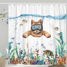 Funny Cat Shower Curtain, Cute Kitten Swimming in Teal Blue Ocean Sea Turtle Tropical Fish Jellyfish Starfish Coral Bathroom Curtain Kid Bathtub Decor Waterproof Machine Fabric Washable with Hooks