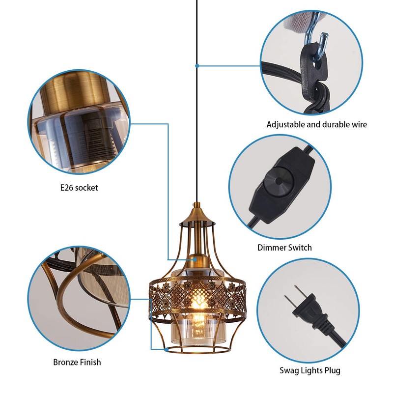 YLONG-ZS Farmhouse Plug in Pendant Light, Glass Hanging Lamp Gold,