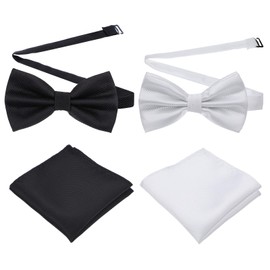 TIESOME 2-Set Bow Ties for Men, Solid Color Pre-Tie Bow Tie and Pocket Square Set Formal Accessories for Wedding Party(white+black)