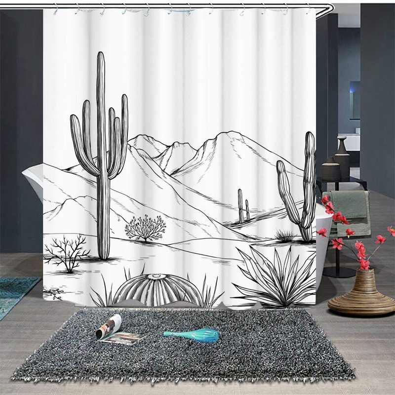 RnnJoile Western Shower Curtain Aztec Cactus Desert Bath Curtain Black