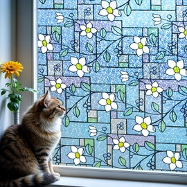 DUOFIRE Stained Glass Window Film Color Flower Pattern Privacy Window Film Decorative Glass Film No Glue Anti-UV Window Sticker Non Adhesive for Bedroom Living Room 11.8in. x 47.2in. DP003-1