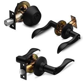 Berlin Modisch Entrance Lever Door Handle (for Office and Front Door) Reversible for Right and Left Side and a Single Cylinder deadbolt Set Keyed Alike Combo Pack - Iron Black