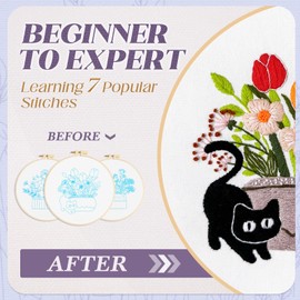 WIVLAX Embroidery Kit for Adults Beginners, DIY Stitch Craft Set with Floral Cat Pattern, Hoop, Thread & Needles, Starter Hand Flower Embroidery Kits for Adults, Sewing Gift Set for Women & Teens