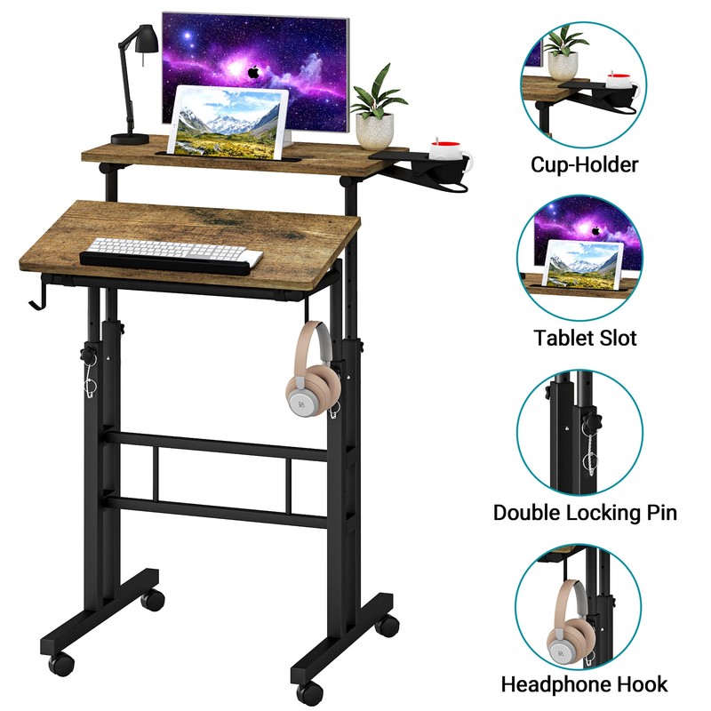 Klvied Rolling Mobile Desk with Cup Holder, Portable, Adjustable Height