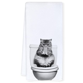 Qnhij Funny Cat Bathroom Hand Towels, Cat Bathroom Decor, Cats Lover Mom Lady Gifts, Humorous Toilet Kitten Decorative Hand Towels for Bath Room Washroom Restroom, 16x24 Inch