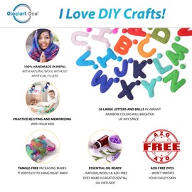 Glaciart One Alphabet Garland - Natural Handmade Wool ABC Letters & Balls - Decorative Wall Decor for Classroom, Playroom, Nursery, Baby, Toddler's Room - Ready-to-Hang Art - 7Ft., Rainbow-Colored