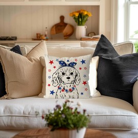 QIONG MENG 4th of July Pillow Covers 18x18 Inch Golden Doodle Patriotic Throw Pillowcase Independence Memorial Day Dog Cushion Case for Home Sofa Farmhouse Decorations