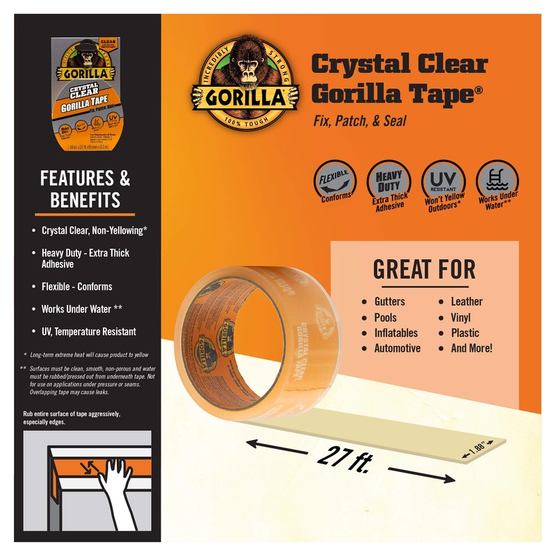 Gorilla Crystal Clear Repair Duct Tape, 1.88” x 9 yd,