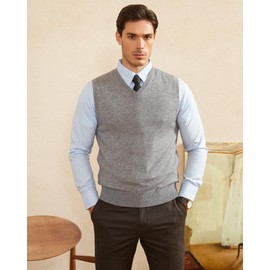 Kallspin Mens Wool Blend V Neck Sleeveless Sweater Vest, lightgrey