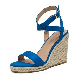 DREAM PAIRS Alpargatas de punta abierta para mujer, elegantes sandalias de plataforma con hebilla y correa al tobillo, Azul/Ante, 7 US