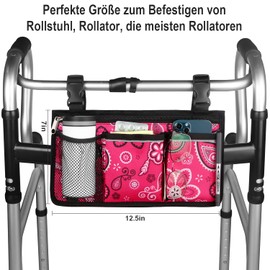 Wheelchair Storage Bag, Armrest Bag with Cup Holder and Reflective Strips, Waterproof Fabric, for Most Wheelchairs, Rollators or Rollators (Red Floral)