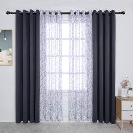BONZER Mix and Match Curtains - 2 Pieces Branch Print Sheer Curtains and 2 Pieces Blackout Curtains for Bedroom Living Room Grommet Window Drapes, 54x84 Inch/Panel, Grey Dark, Set of 4 Panels