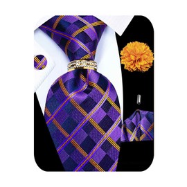 Kerfado 5PCS Tie and Pocket Square for Men, Silk Necktie and Handkerchief Cufflinks with Gold Ring and Lapel Pin Set (Gold and Purple Tie Set -139)
