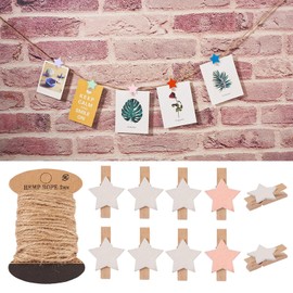 Beadthoven 100Pcs Star Wooden Clothespins Mini Wood Photo Clips for Pictures Photo Paper Pegs Clips Small Clothes Pins with 10.93 Yards 2mm Jute Cord Twine for Hanging Photos Cards Arts & Crafts