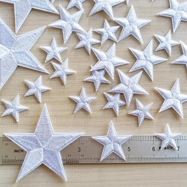 Zlettery 30pcs White Star Iron on Patches, 3 Sizes Star Embroidered Patches for Clothing, Jackets, Hats,Backpacks, Jeans
