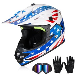 JQF Gear Youth Kids Dirt Bike Helmets Motocross Offroad ATV BMX MX Dirtbike Motorcycle Helmet J-01 with Goggles and Gloves DOT Approved (Patriotic Flag, XL)