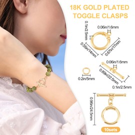 Beebeecraft 10 Sets 18K Gold Plated Toggle Jewelry Clasps Connectors Round Ring Toggle T Bar Clasps Sets for Necklace Bracelet Earring Making, 17x14mm