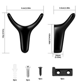HAOCHEN Pack of 4 Coat Hooks, Coat Hooks, Wall Hooks, Double Hooks for Screws, Wall Metal Coat Hooks for Bedroom, Bathroom, Wardrobe, Living Room, Kitchen Hooks (Black)