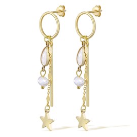 AeraVida Vintage Simulated Milky Quartz Chain Dew Drop & Star Gold Over .925 Silver Dangle Earrings