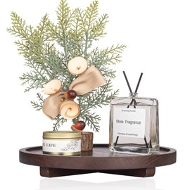 Round Decorative Tray Wood Bathroom Counter Organizer Farmhouse Kitchen Decor Wooden Riser for Soap Dish, Perfume, Candle, Sponge, 10" - Walnut