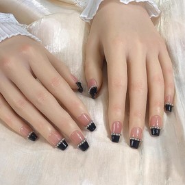 Pure Handmade Nails Press on Nail Reusable Fake Nails Black French Medium Stick on Nails French Tip False Nails 10pcs (XS, Q060)