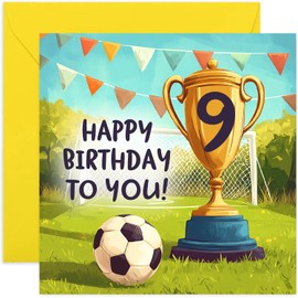 9th Birthday Card for Boy or Girl - Football Birthday Card for 9 Year Old Child - Champion winners Trophy Cup Football Team - Footy Age 9 Birthday Cards for Son Daughter Grandson