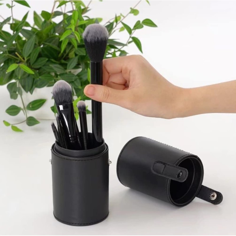 Black Empty PU Leather Makeup Brush Holder with Lid Travel