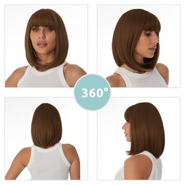 Onpep Pelucas cortas y rectas estilo Bob con flequillo de aire, color marrón miel, para mujer, longitud al hombro, pelucas de fibra resistente al calo