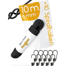 fuxton® Rubber Cord (6 mm x 10 m + 10 Spiral Hooks), Expander Rope, Rubber Lead, Bungee Cord Marine, Tension Rubber, Sold by the Metre, Black