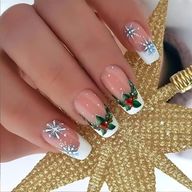 24Pcs Christmas French Tip Press on Nails Medium Square Fake Nails Winter Snowflake Design Glue on Nails Glossy Acrylic Nail Full Cover Xmas False Nails for Women Holiday Stick on Nails Decoration