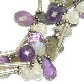 Franki Baker Natural Purple Amethyst, White Moonstone, Irridecent Grey Labradorite Gemstone and 925 Serling Silver Statement Bracelet