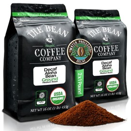 The Bean Organic Coffee Company Water Processed DECAF Aloha Bean (Hawaiian Hazelnut), Medium Roast, Ground Coffee, 16-Ounce Bags (Pack of 2), Café Molido Tostado Orgánico descafeinado