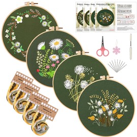VIVIIHOO Embroidery Set for Beginners - 4 Pieces Embroidery Starter Kit for Adults Including Embroidery Hoop, Colour Threads & Instructions - DIY Embroidery Set for Crafts & Sewing - Floral Pattern