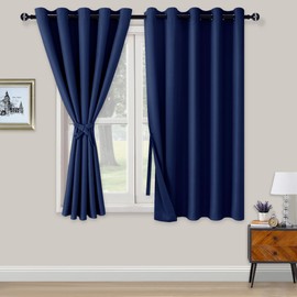 XWZO Blackout Curtains Shades Window Curtain Panels with Tiebacks- Noise Reduction and Light Blocking Grommet Curtains for Bedroom,Living Room,Office,Study Room Navy W66xL54