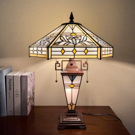 Capulina Tiffany Table Lamp 3-Light Mother-Daughter Vase Mission Hexagon Style Stained Glass Desk Reading Light Decor for Home Office Bedroom Living Room