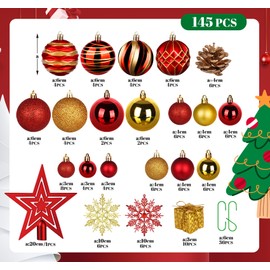 HOUISM Christmas Baubles Red Gold Pack of 145 Christmas Tree Baubles with Tree Topper Star Christmas Tree Baubles Shatterproof Plastic with Hanging Includes 36-Piece Hooks