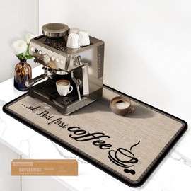 Coffee Mat(Linen 12'' x 19'') , Coffee Bar Mat for Countertop, Anti-Slip Absorbent Dish Drying Mat for Kitchen, Suitable for Coffee Machine, Coffee Maker, Coffee Pot, Espresso Machine, Dish Rack.