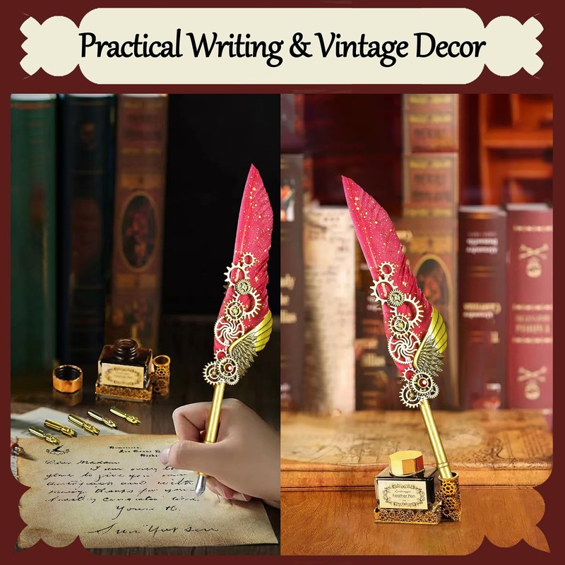 Feather Quill Pen and Ink Set,Antique Calligraphy Set with Leather