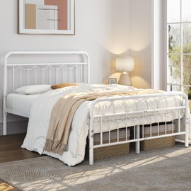 Yaheetech Full Size Metal Bed Frames with Vintage Headboard and Footboard, Farmhouse Metal Platform Bed, Heavy Duty Steel Slat Support, Ample Under-Bed Storage, No Box Spring Needed, White