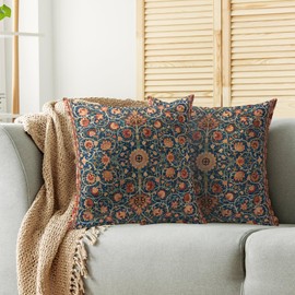 sorfbliss Vintage Floral Pillow Covers 20x20 Set of 2 Modern Botanical Print Blue Burnt Orange Flower Pattern Decorative Throw Pillow Cases Outdoor Farmhouse Decoration for Sofa Couch Bed
