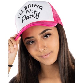 Funky Junque Funny Girls Weekend Trucker Hat for Girls Trip or Bachelorette Party, 'I'll Bring The Party' Cap, White/Hot Pink