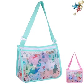 LHLZNB Mesh Beach Bag, Shell Net Tote, beach bag,Foldable Seashell Collecting Sand Bags for Kids Toddlers Boy Girl Holding Pool Beach Accessories Toy Shells Clothes Towels (Light Blue)