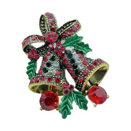 Crystal Bell Wreath Christmas Brooch Pins for Women Girls Colorful Rhinestone Bow Jingle Bells Xmas Statement Brooches Laple Pin Breastpin Corsage Sweater Scarves Hat Bag Suit Accessories Jewelry
