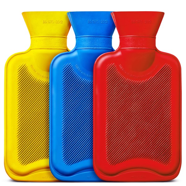 iMedic Small Hot Water Bottles - 3 Pack of Mini Hot Water Bottles - Hot Water Bottle Small (750ml) - Mini Water Bottles in 3 Colours (Blue, Yellow and Red) - Rubber Hot Water Bottles Without Cover