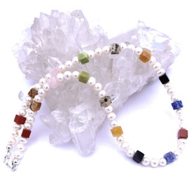 Pearl jewellery (necklace) pearl necklace freshwater pearls with colourful gemstone cubes clasp 925 sterling silver model number 2155, Gemstone, No Gemstone